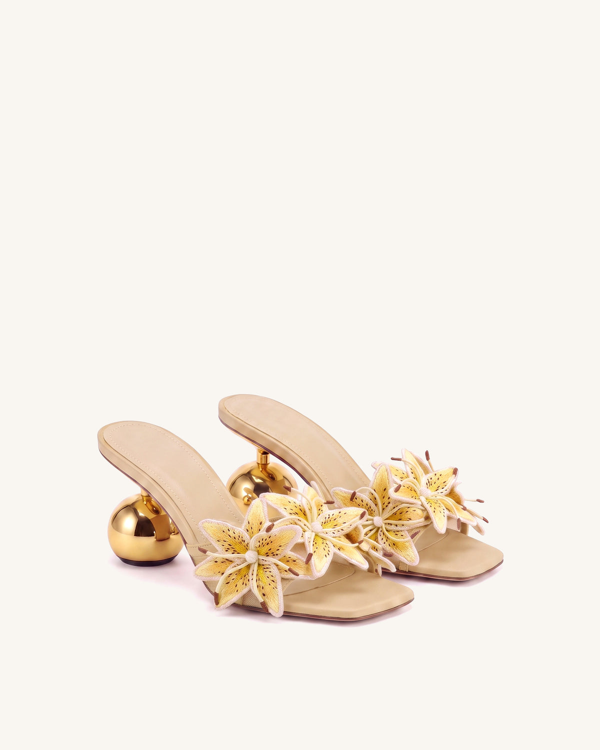 Isadora Lily Floral Sculptural-Heel Mules - Apricot