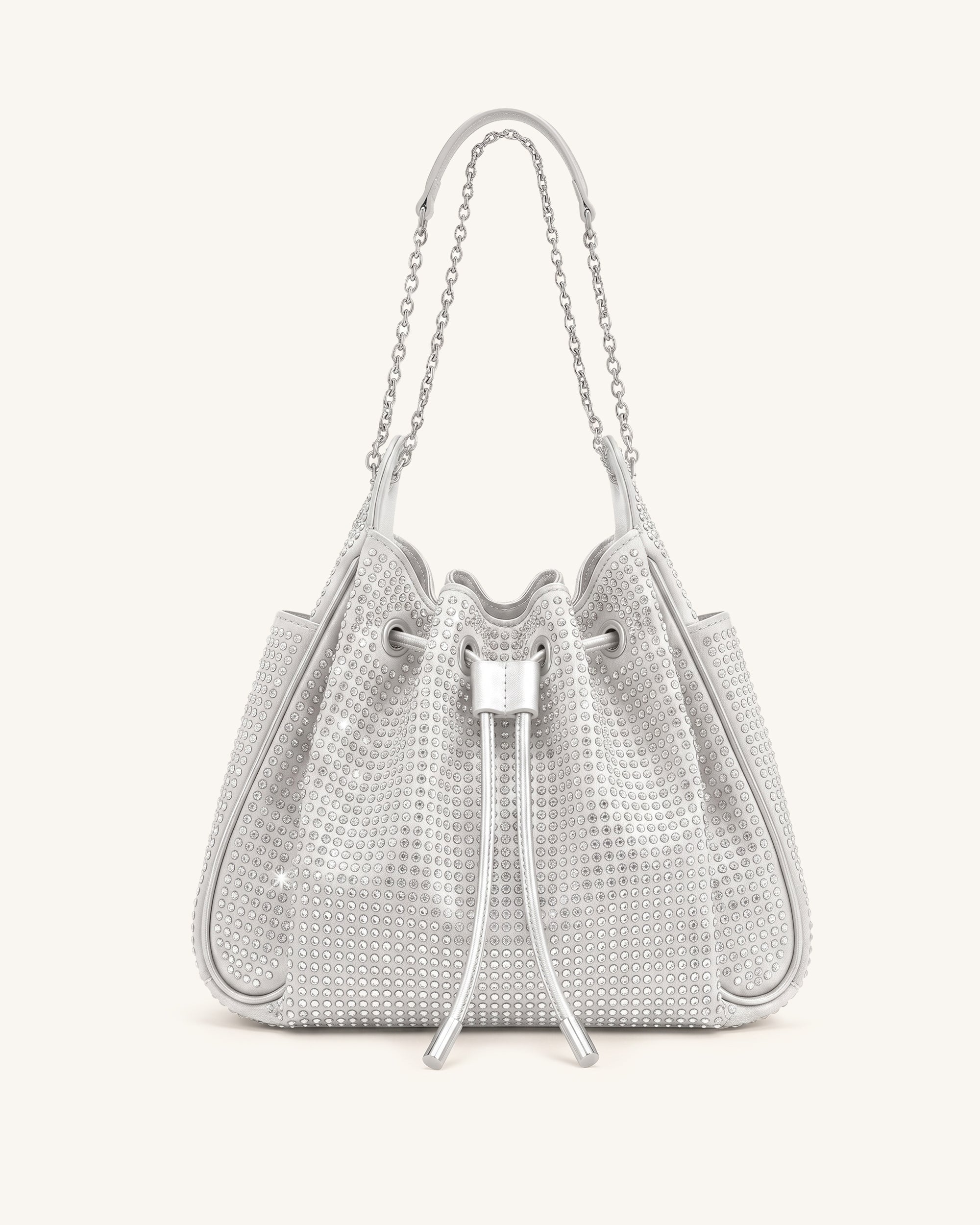 Rowan Artificial Crystal Ruched Drawstring Chain Bucket Bag - Light Grey