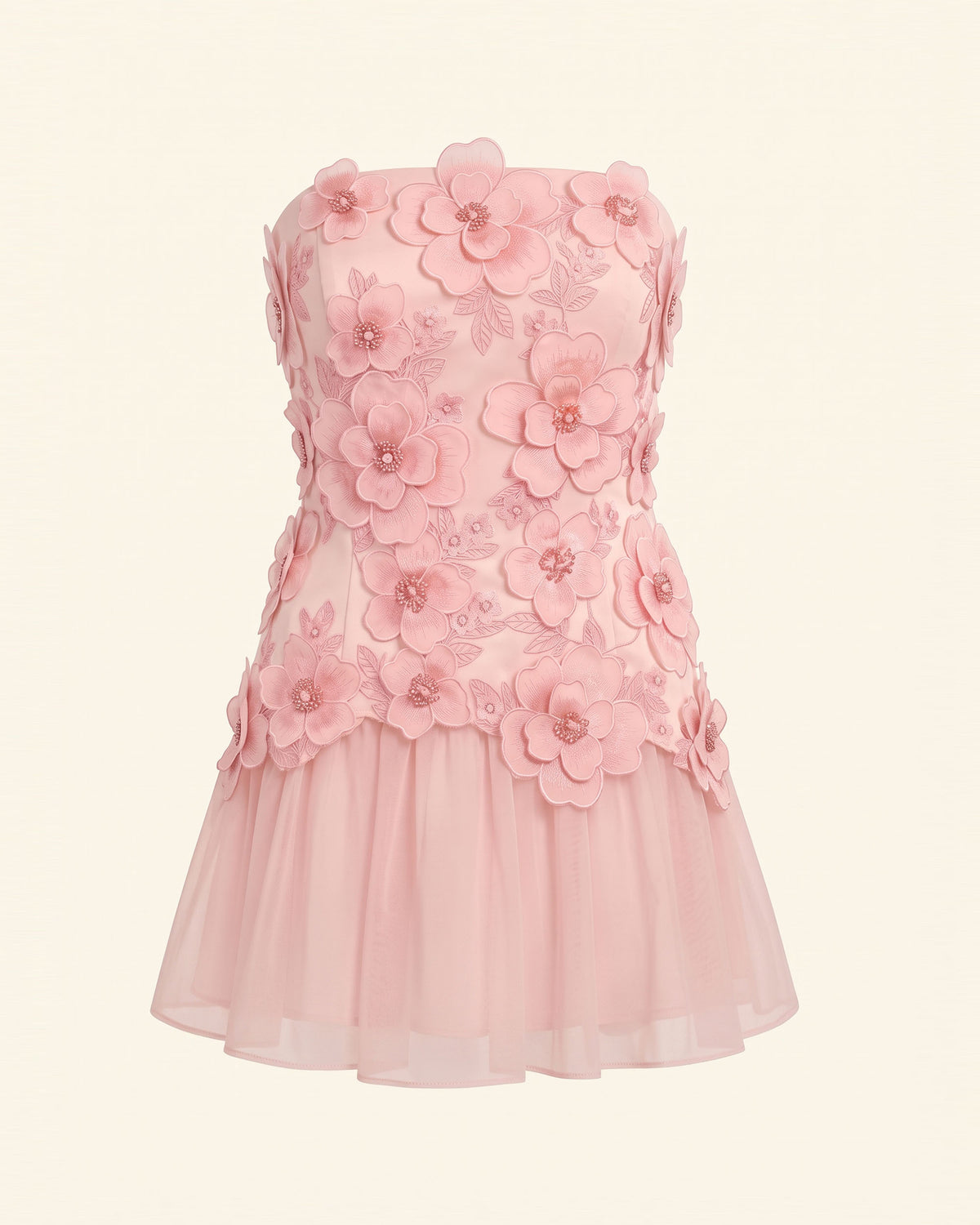 Flower Embroidered Strapless Floral Mini Dress - Pink