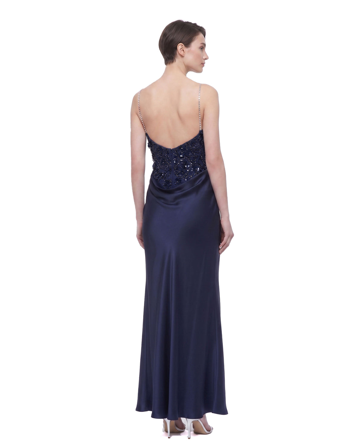 Floral Embellished Cowl-Neck Open-Back Satin Maxi Dress - Navy