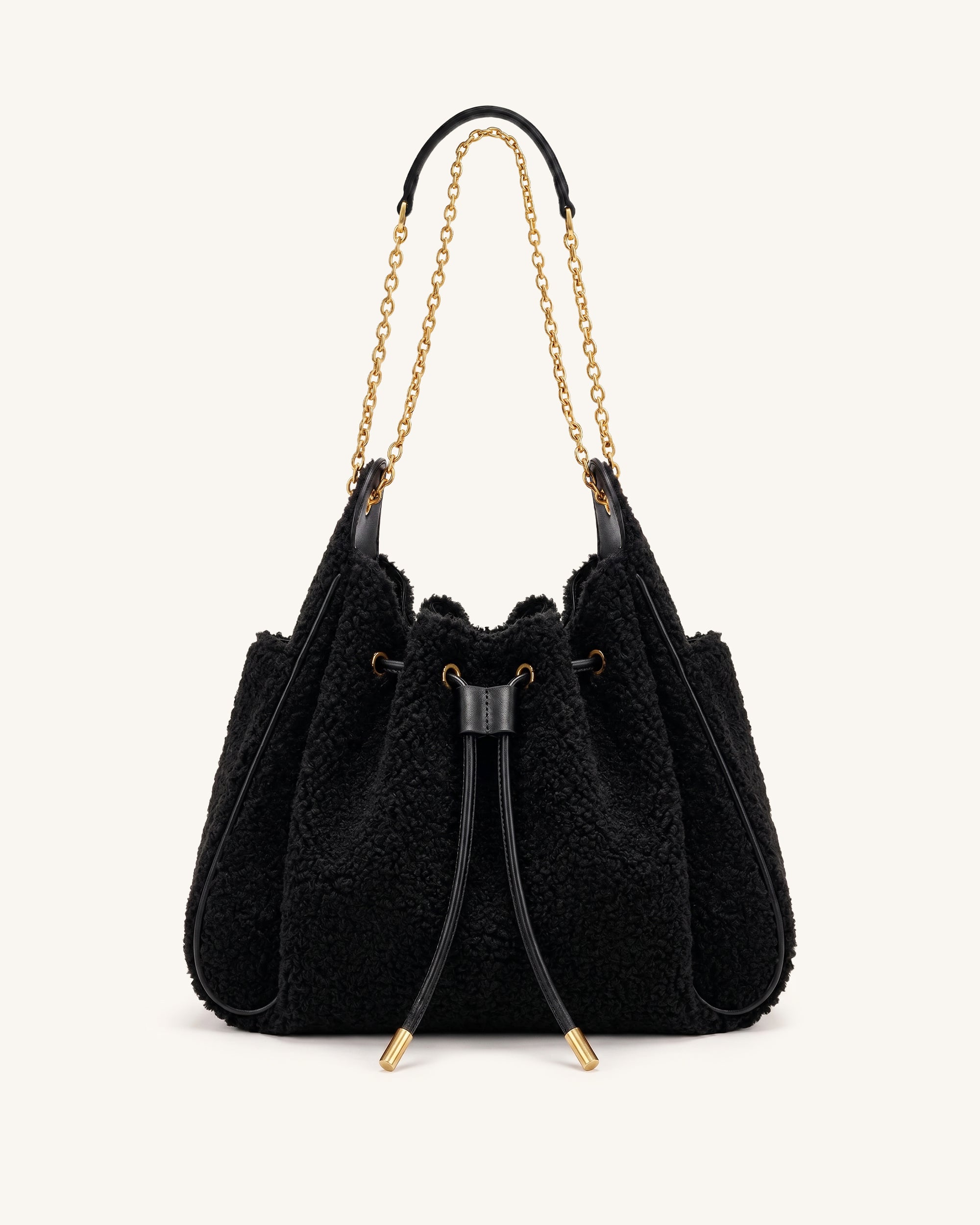 Rowan Faux Fur Ruched Drawstring Chain Bucket Bag - Onyx Black