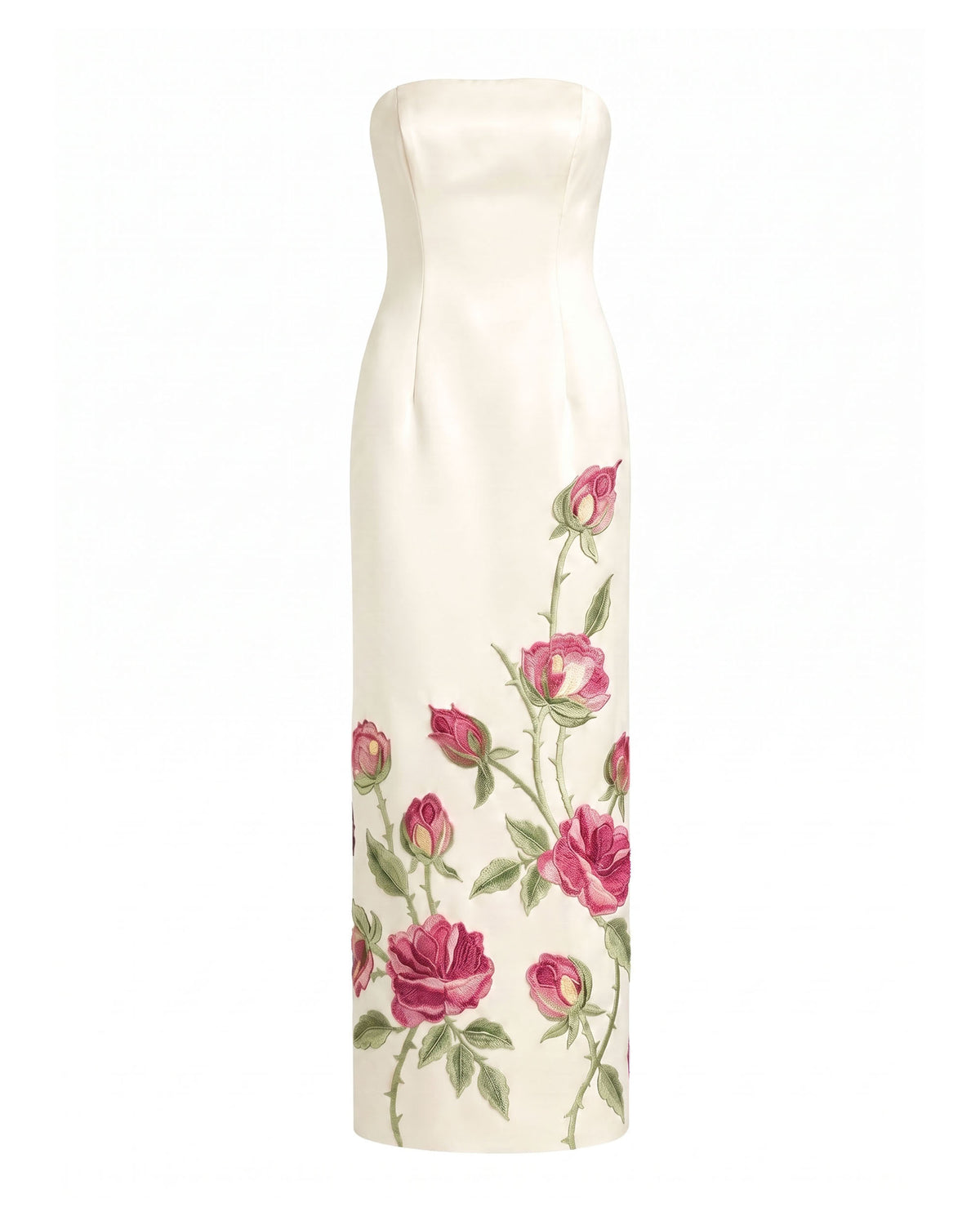 Rose Embroidered Strapless Long Dress - Pure White