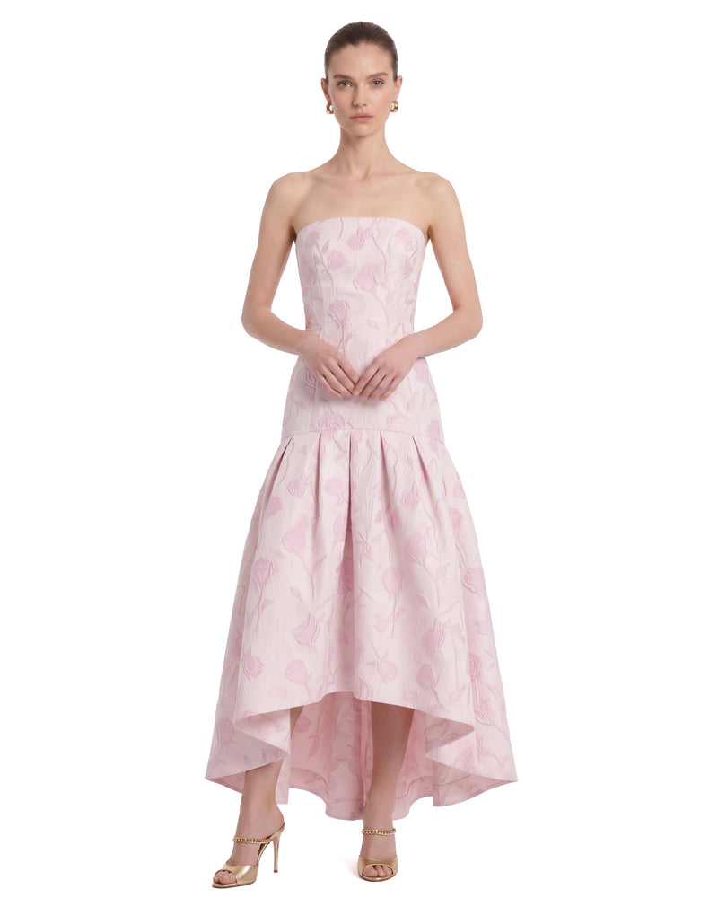 Floral Jacquard Strapless High-Low Maxi Dress - Blush Pink
