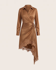 Orchid Embellished Asymmetric High-Low Satin Wrap Dress - Brown