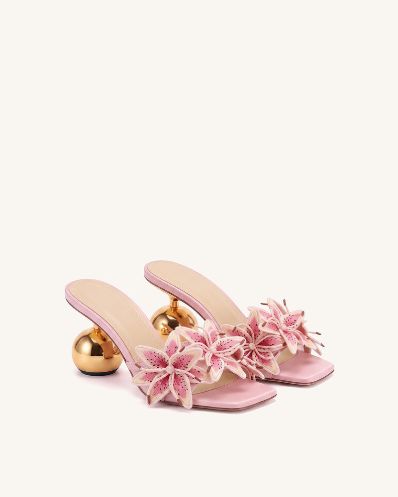 Isadora Lily Floral Sculptural-Heel Mules - Pink
