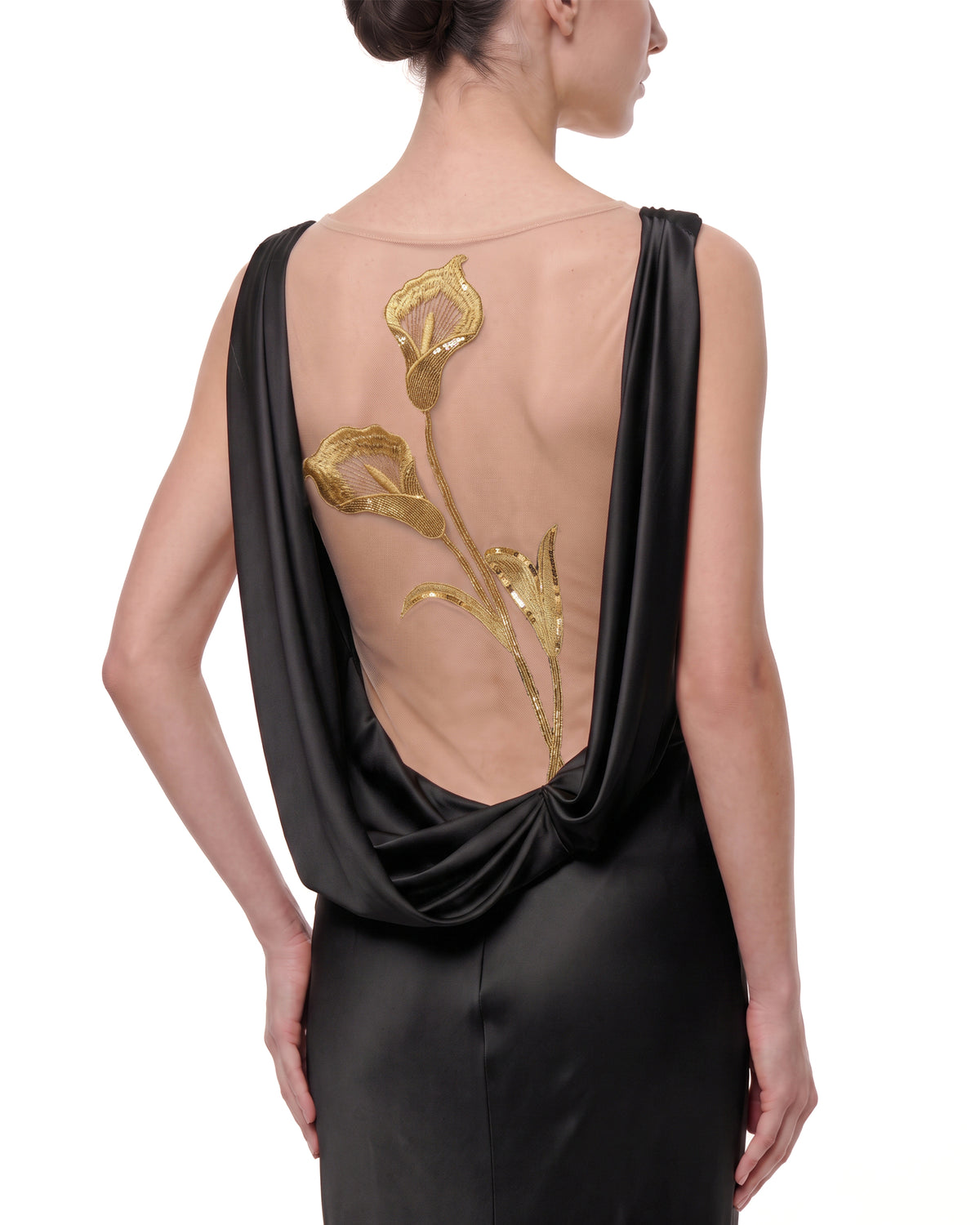 Gold Calla Lily Sheer Backless Satin Dress - Black