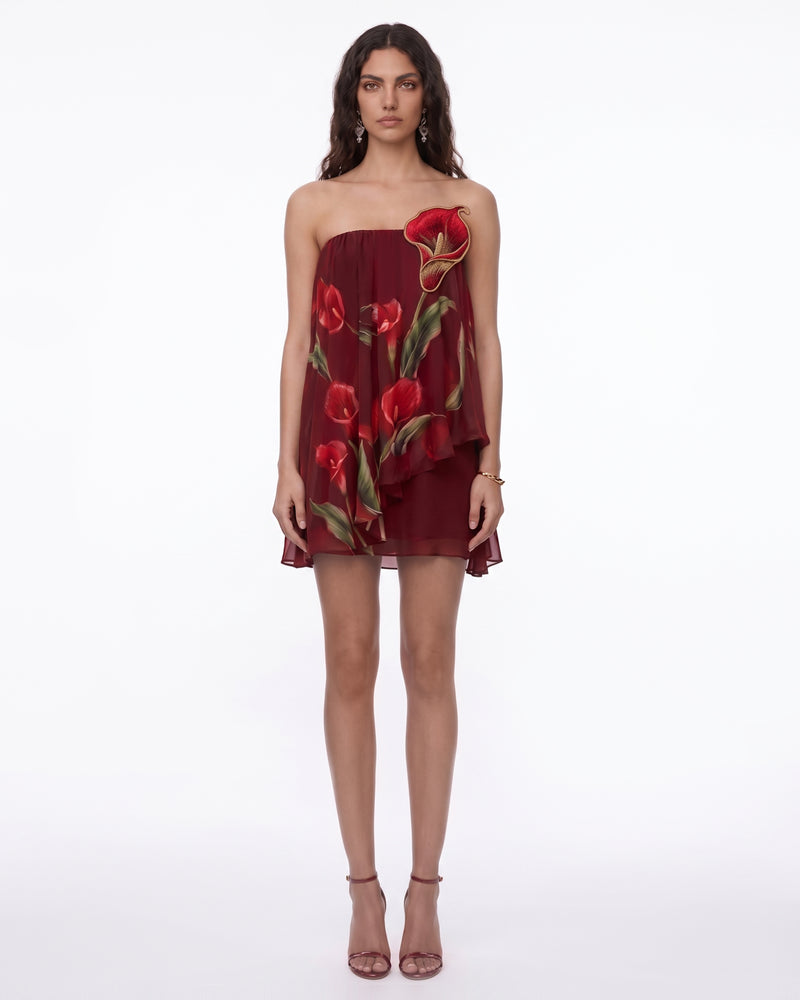 Floral Embellished Strapless Layered Mini Dress - Burgundy