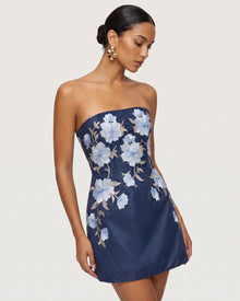 Floral Embroidered Strapless Corset Mini Dress - Dark Blue