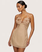 Flower Embroidered Mini Dress - Mocha Brown