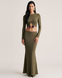 3D Embroidered Tulip Cutout Cropped Top - Olive Green