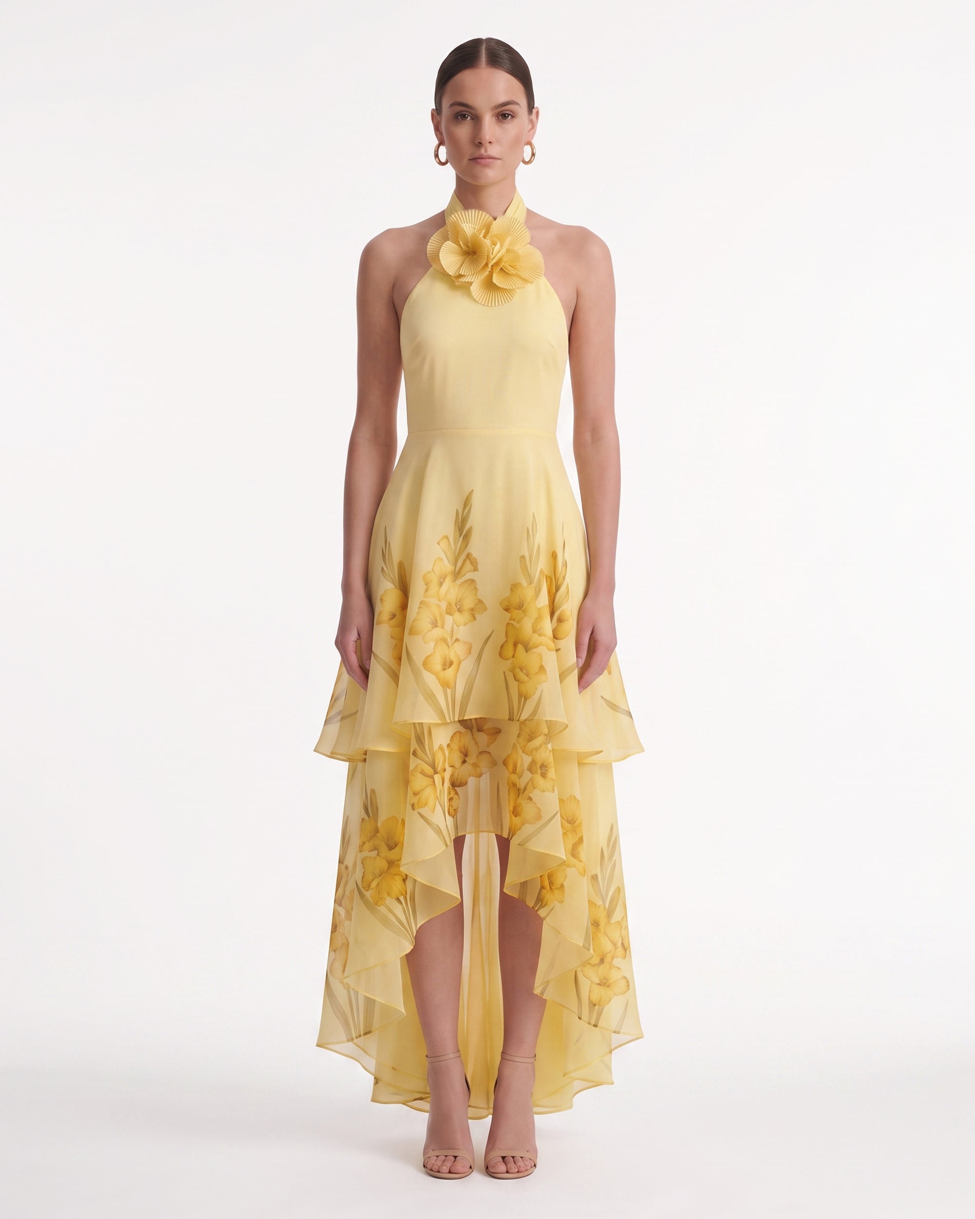 Gladiolus 3D Floral Appliqué Halter Maxi Dress - Butter Yellow
