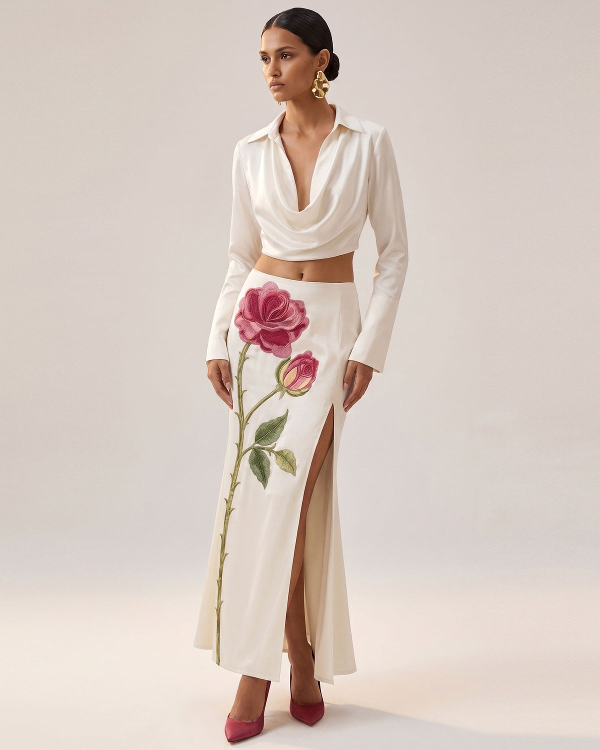 Rose Embroidered High-Split Maxi Skirt - Pure White