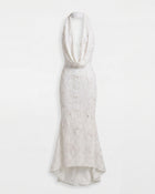 Orchid Beaded Embroidered High-Low Cowl Halter Dress - White