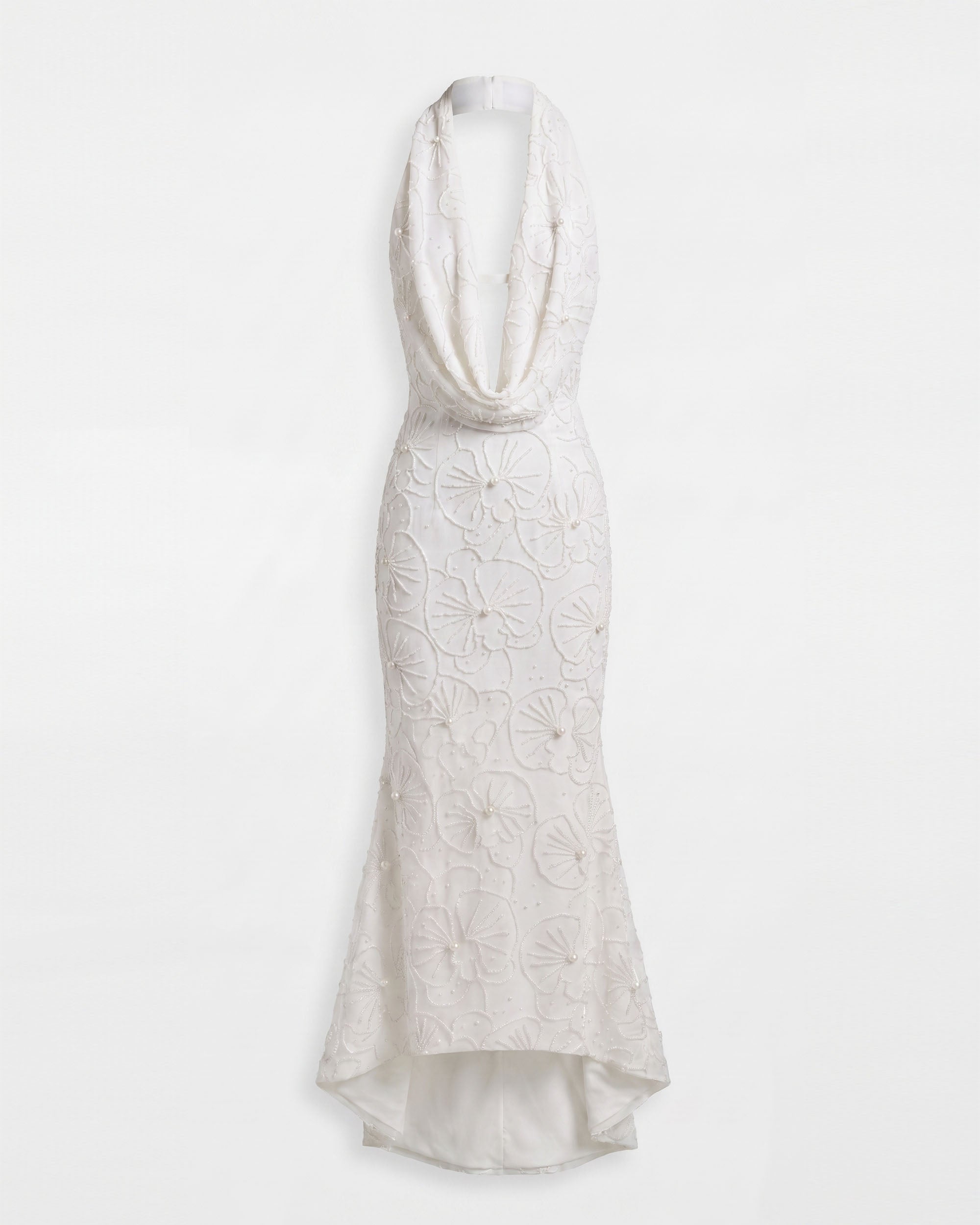 Orchid Beaded Embroidered High-Low Cowl Halter Dress - White