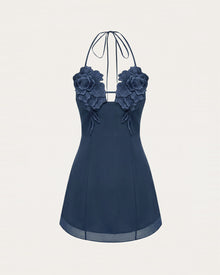 Flower Embroidered Mini Dress - Dark Blue