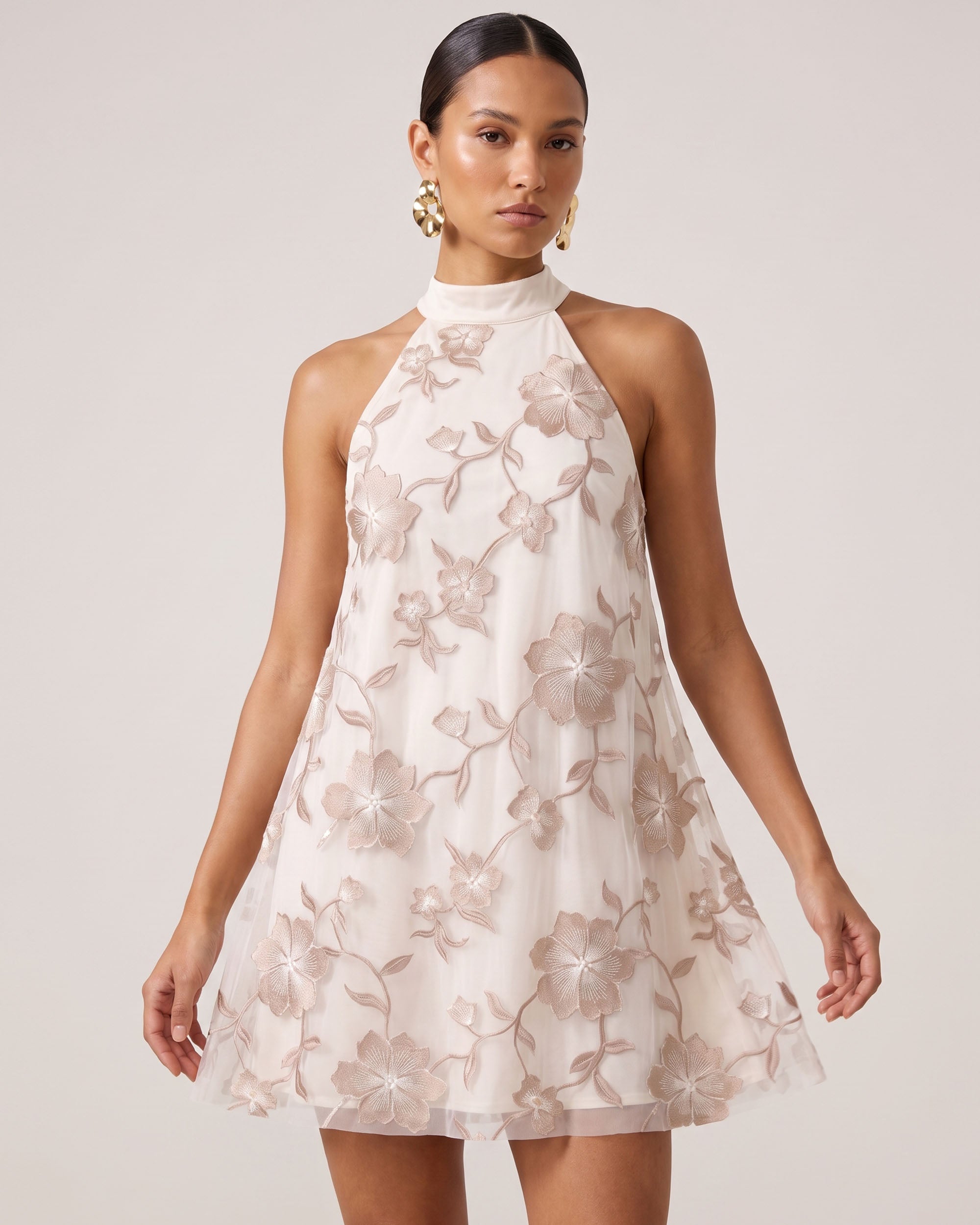 Floral Embroidered Halter Mini Dress - Ivory