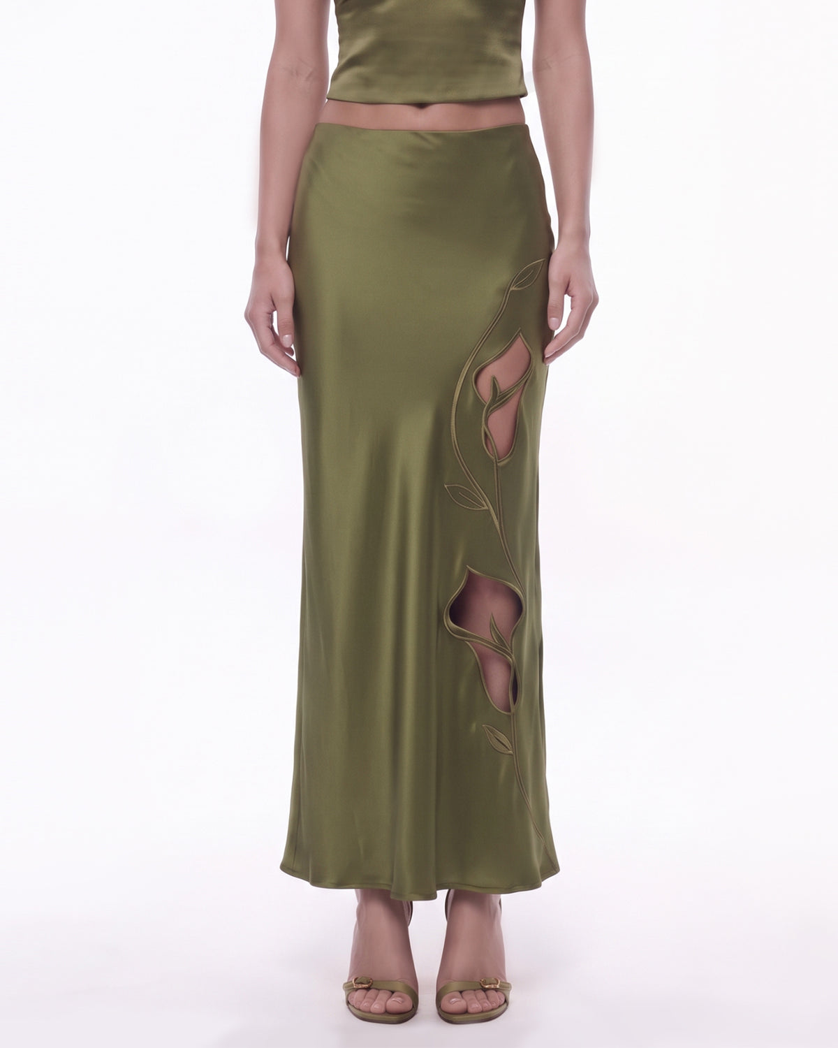 Floral Cutout Satin Maxi Skirt - Olive Green