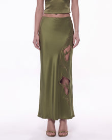 Floral Cutout Satin Maxi Skirt - Olive Green