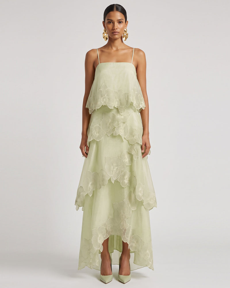 Orchid Embroidered Layered Maxi Dress - Light Green