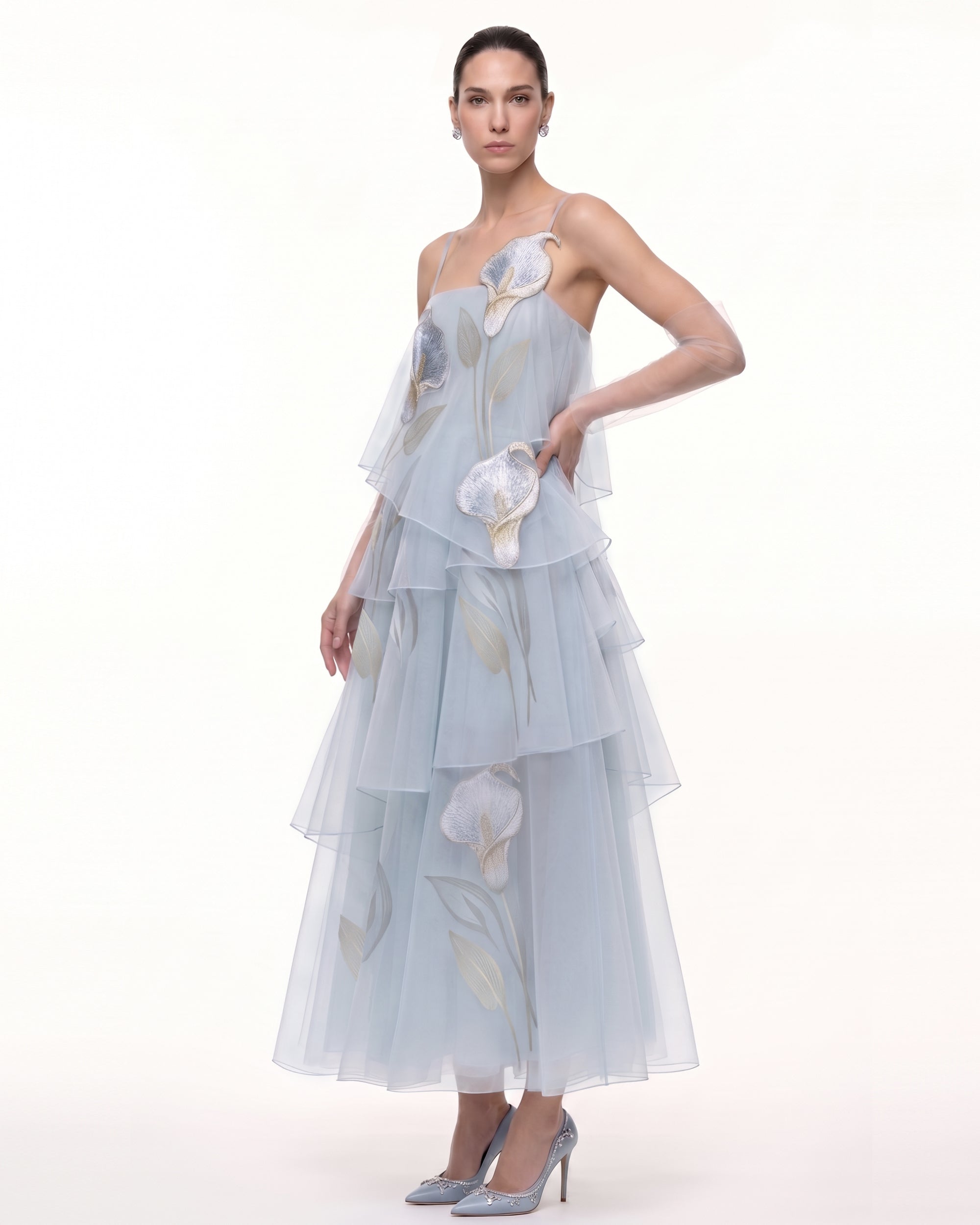 3D Embroidered Calla Lily Tiered Tulle Dress - Light Blue