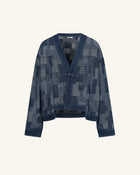 The Zen Sashiko Patchwork Frog Button Cardigan - Mosaic Blue
