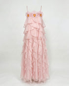 Floral Trim Layered Ruffle Spaghetti Strap Maxi Dress - Blush Pink