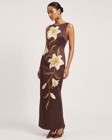 Lily Floral Print Sleeveless Column Maxi Dress - Brown