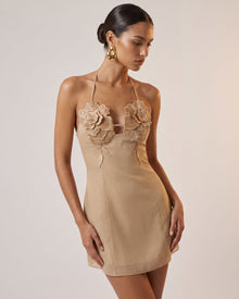 Flower Embroidered Mini Dress - Mocha Brown