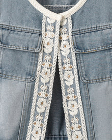Bohemian Lace Trimmed Denim Vest - Light Wash
