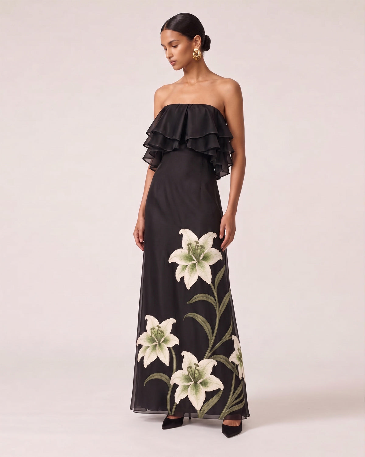 Lily Embroidered Layered Ruffle Strapless Maxi Dress - Black