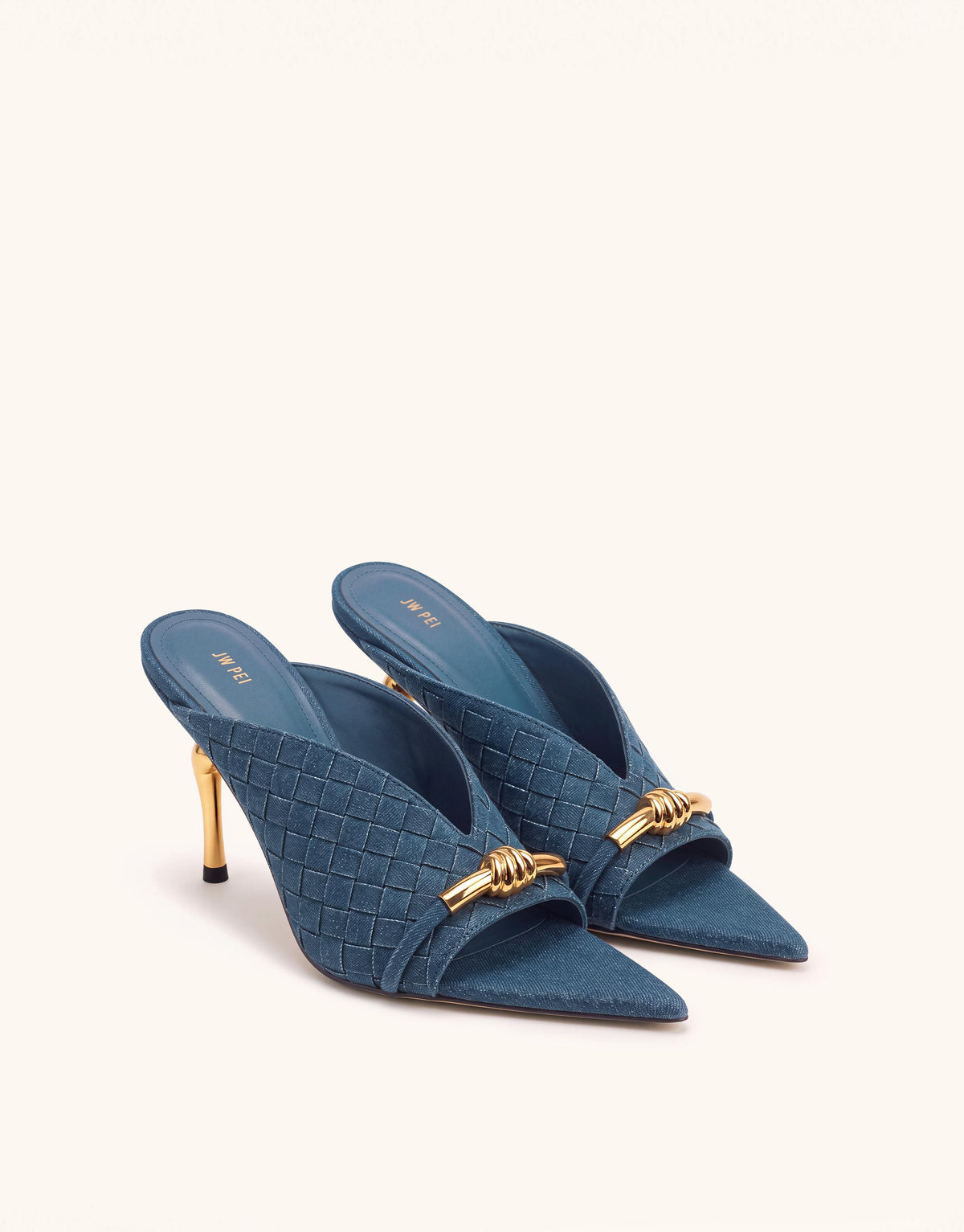 Lena Metal Rope Knot Woven Upper Mule Heels - Denim Blue