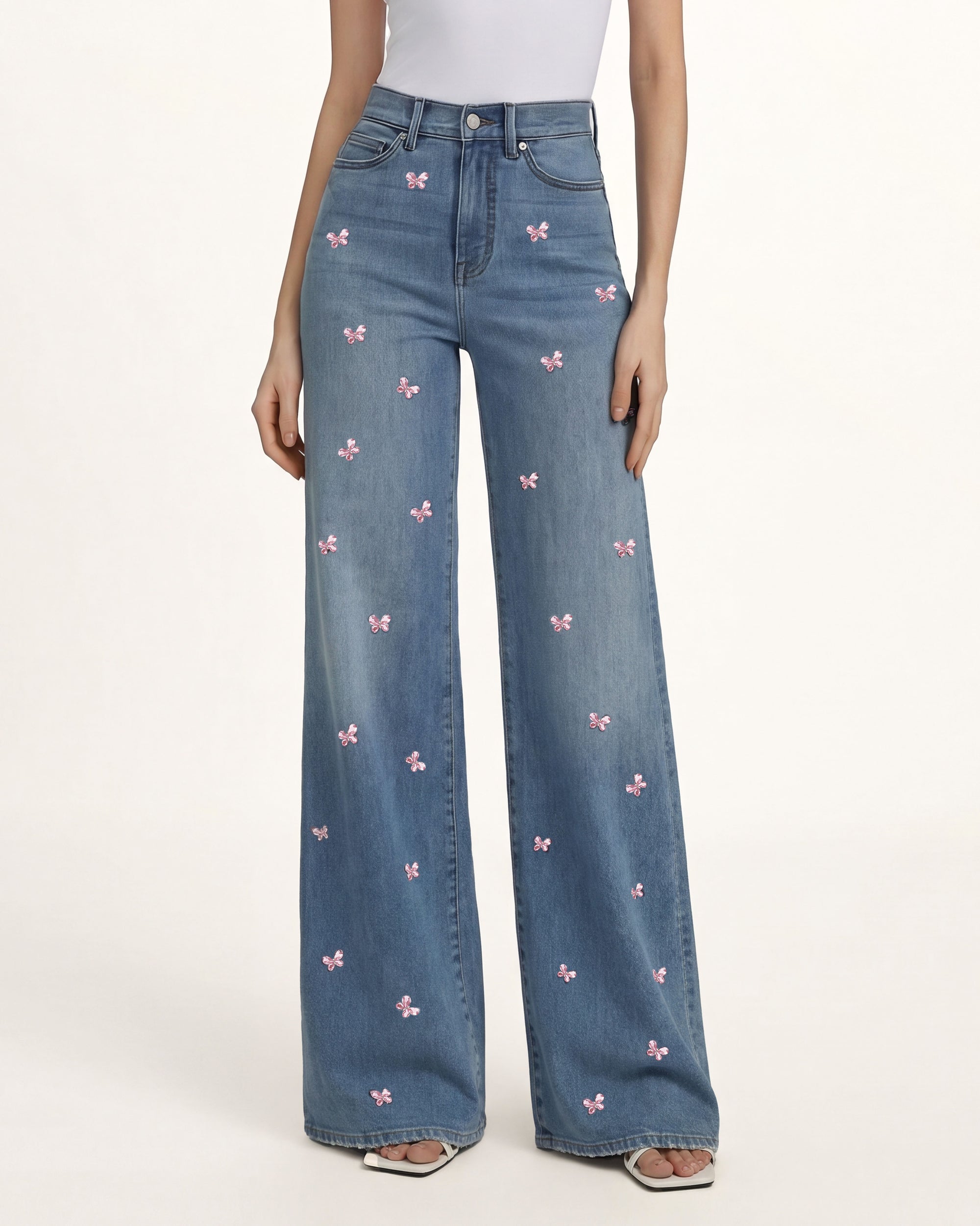 The Enchanted Pink Butterfly Wide-Leg Jeans - Coastal Blue