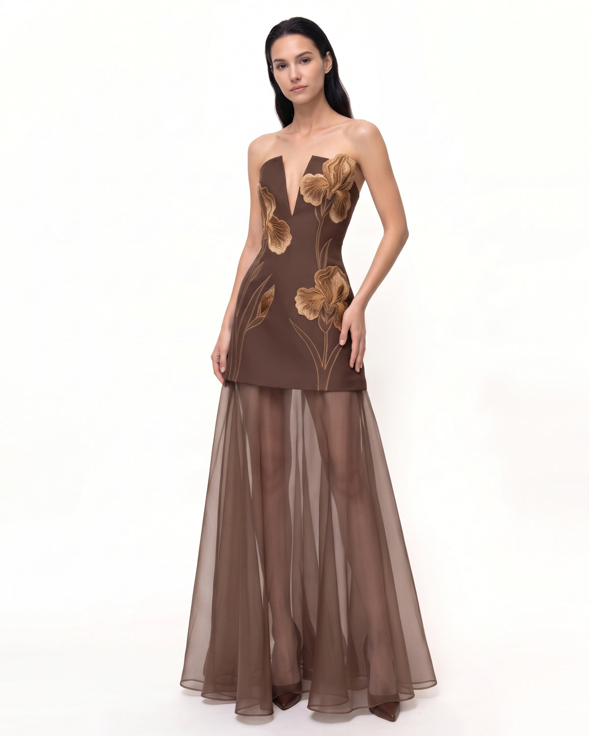 Iris Embroidered Plunge Sheer Overlay Maxi Dress - Espresso Brown