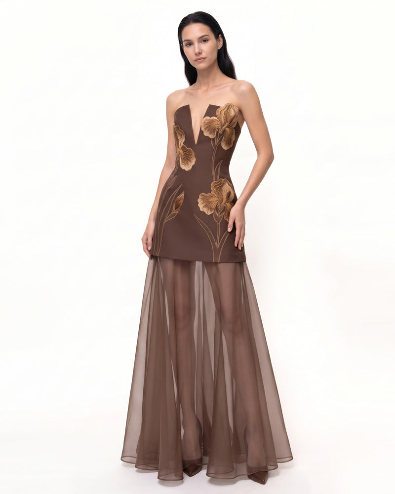Iris Embroidered Plunge Sheer Overlay Maxi Dress - Espresso Brown