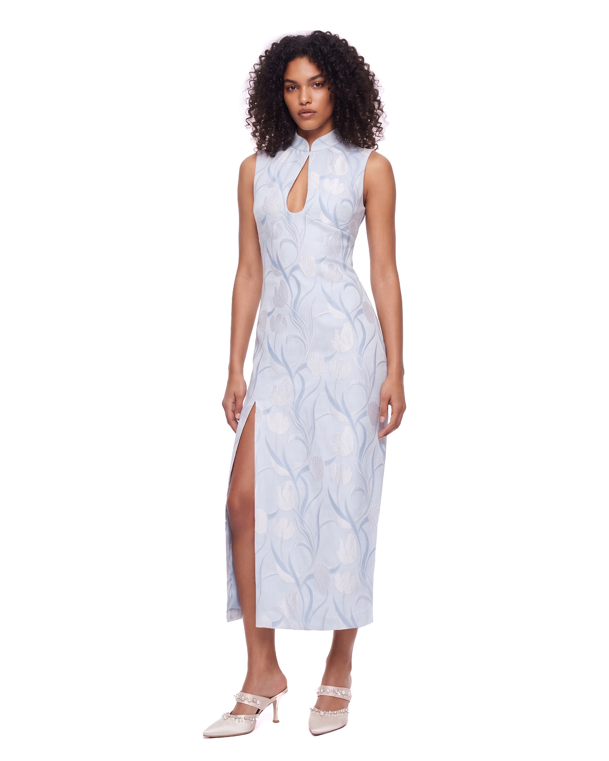 Floral Jacquard Keyhole Slit Midi Dress - Light Blue