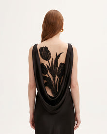 Tulip Appliqué Cowl-Back Satin Column Maxi Dress - Black