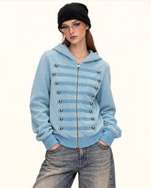 Military Button Hooded Zip - Baby Blue