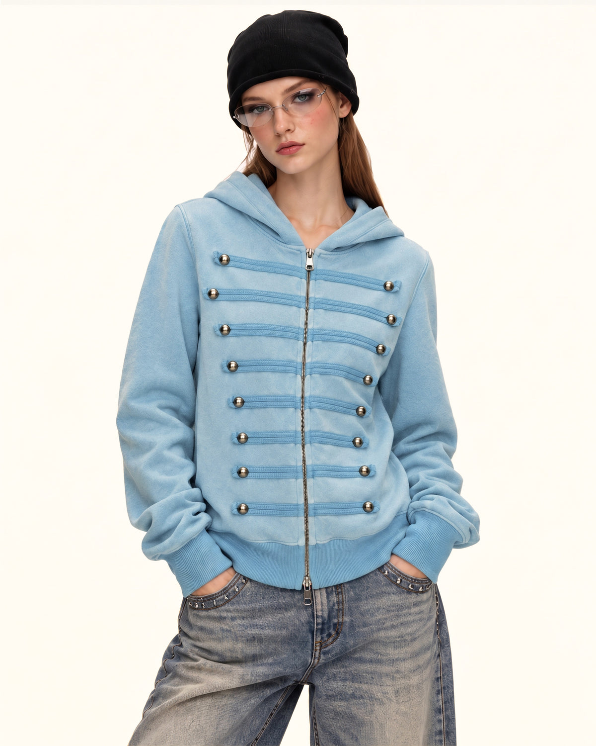 Military Button Hooded Zip - Baby Blue