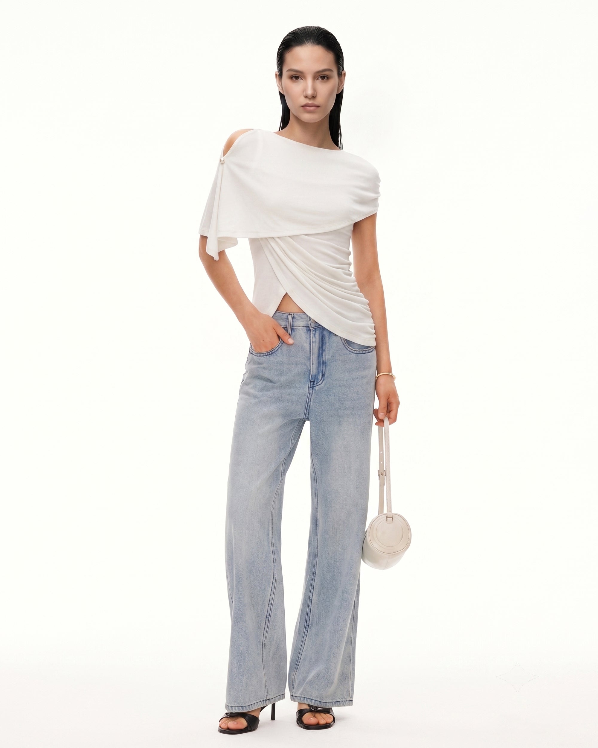 Convertible Asymmetrical Draped Semi-Sheer Cape Top - Ivory