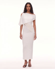 Asymmetric Shoulder Draped Cape Midi Dress - Ivory