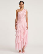Orchid Embroidered One Shoulder Ruffle Maxi Dress - Pink