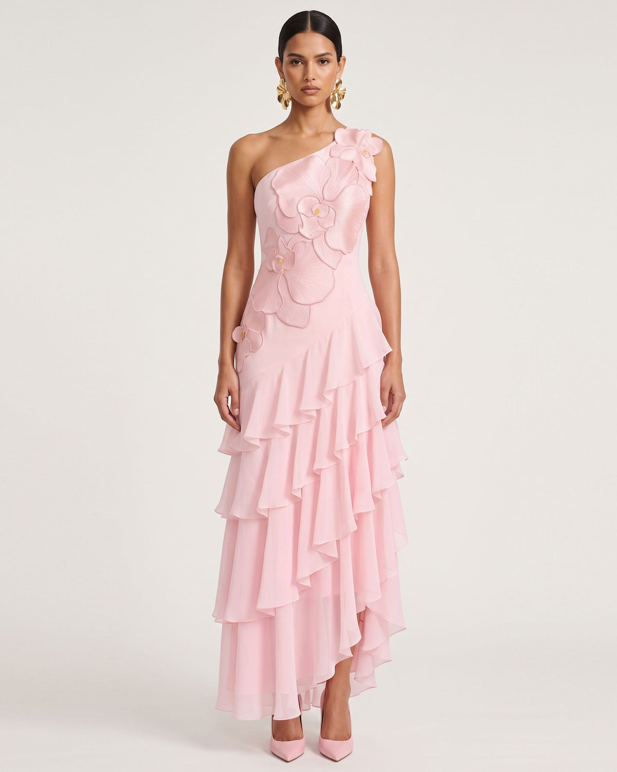 Orchid Embroidered One Shoulder Ruffle Maxi Dress - Pink