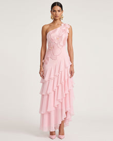 Orchid Embroidered One Shoulder Ruffle Maxi Dress - Pink