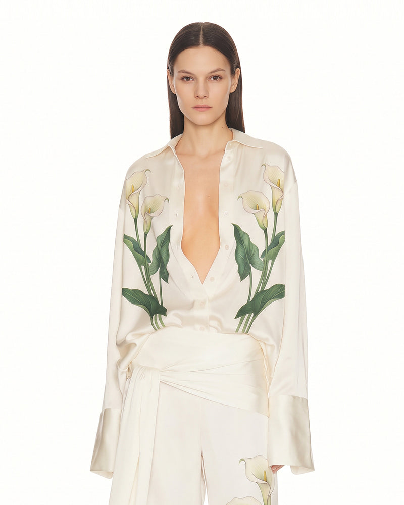 Calla Lily Printed Satin Button-Down Shirt - Cream White