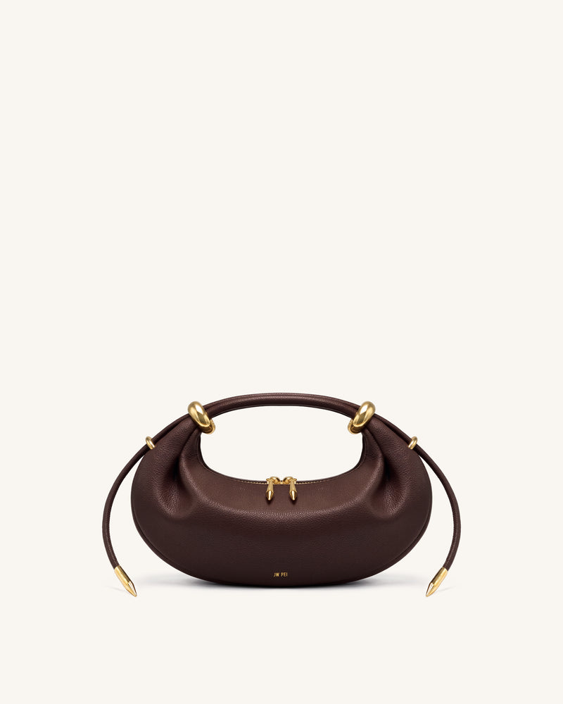 Ellie Metal Ring Embellished Crescent Top Handle Bag - Dark Brown