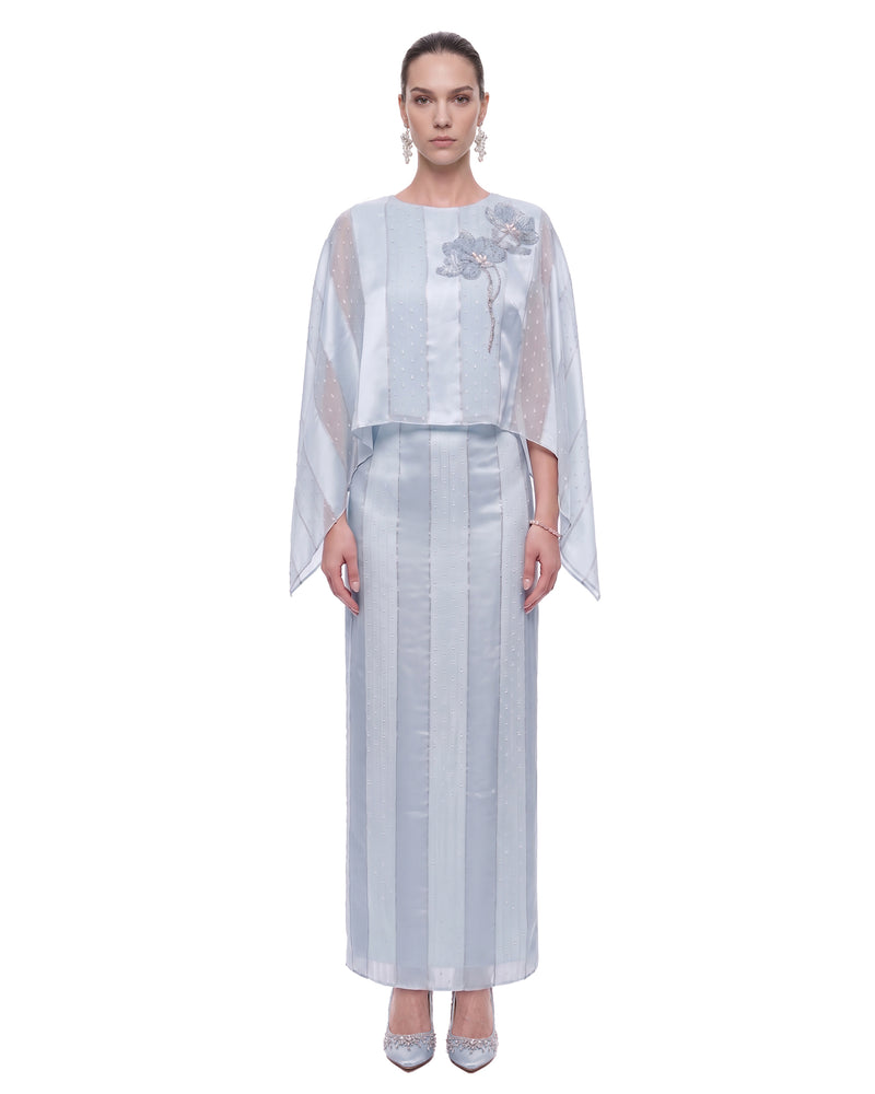 3D Floral Sheer Cape Maxi Dress - Light Blue