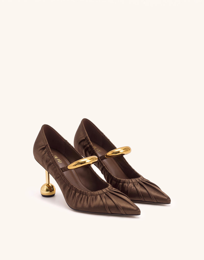 Helena Satin Pierced Ruched Pointed-Toe Pumps - Brown