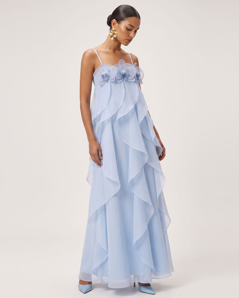 Orchid Embroidered Organza Maxi Dress - Light Blue