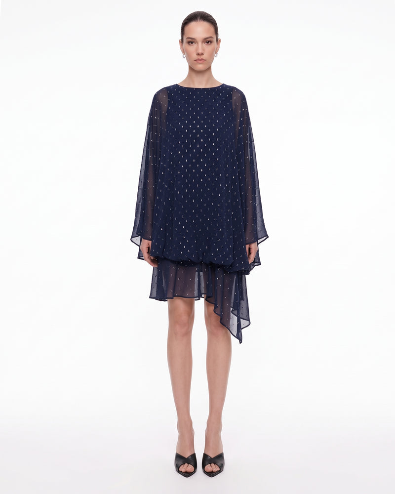 Embellished Sheer Balloon-Hem Maxi Dress - Navy