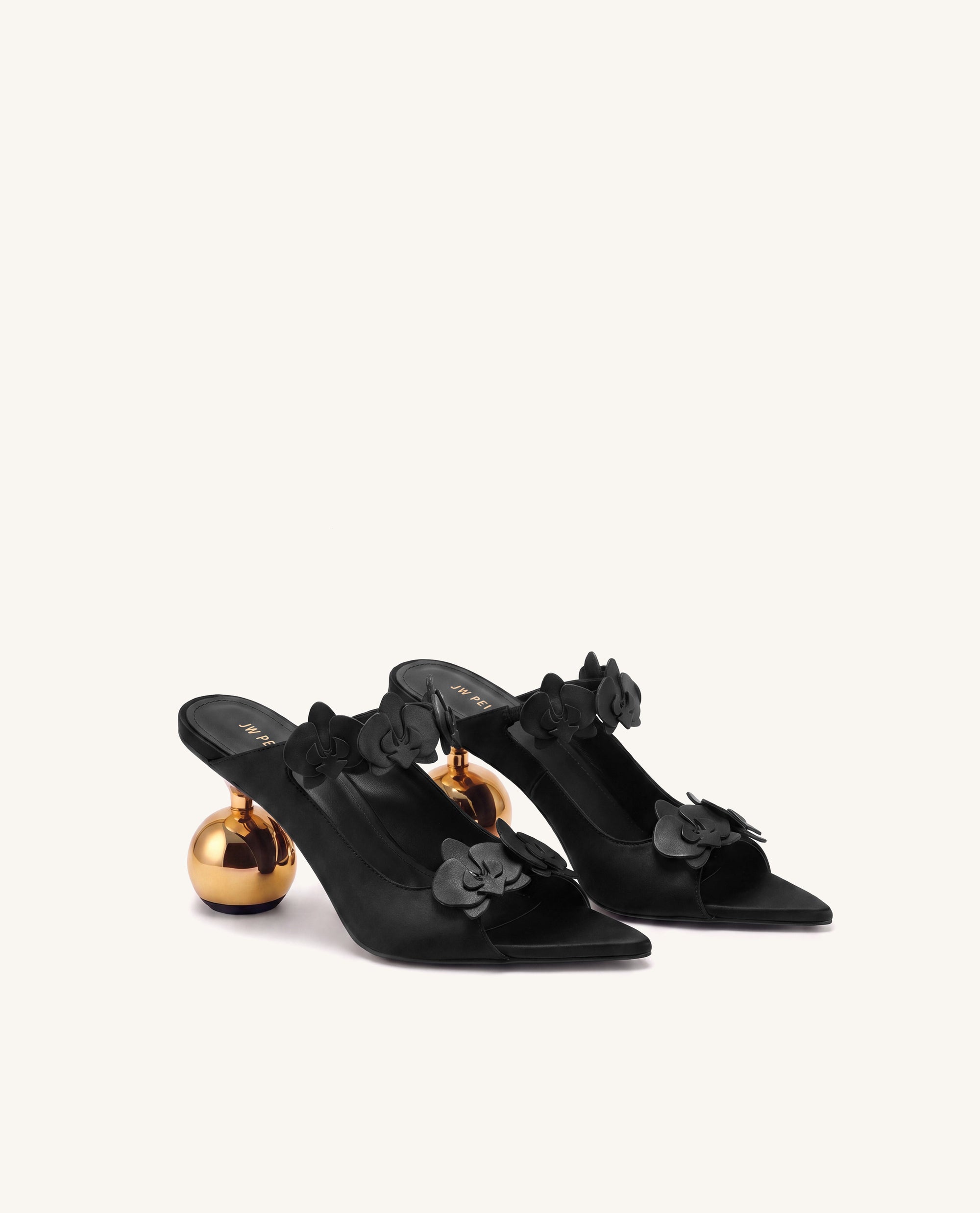 Rosalie Orchid Appliqué Sphere Heel Mules - Black